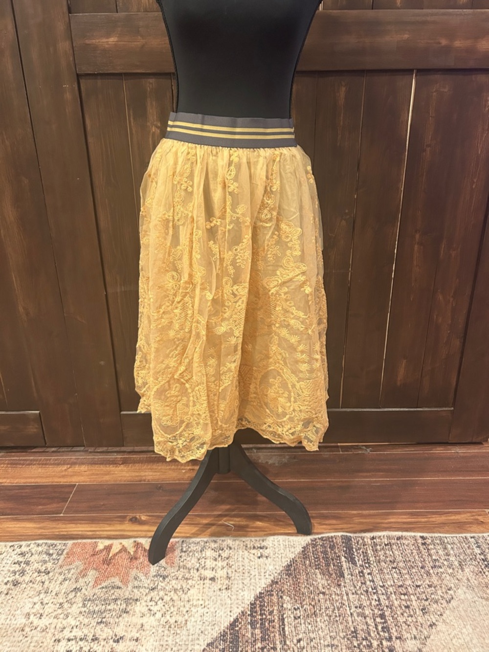 Ariat Yellow Lace Midi Skirt with Striped Elastic Waistband